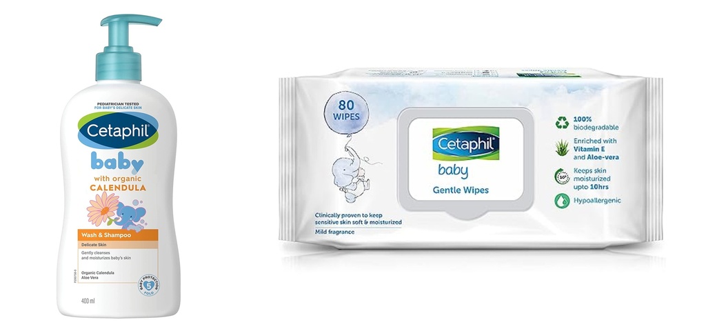 Cetaphil Baby Gentle Wipes 80's with Aloevera & Vitamin E and Cetaphil Baby Wash & Shampoo with Organic Calendula (400ml) Combo Image