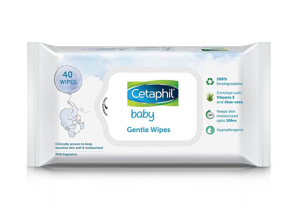 Cetaphil Baby Gentle Wipes 40's with Aloevera & Vitamin E, 10 hrs Moisturisation - 100% Biodegradable Image