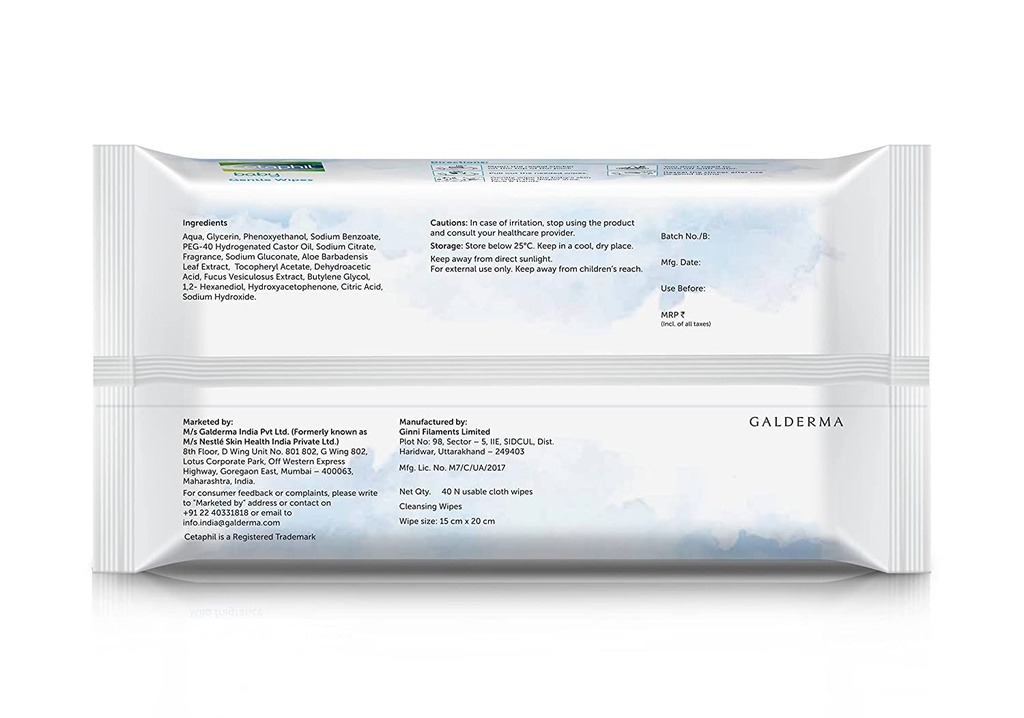 Cetaphil Baby Gentle Wipes 40's with Aloevera & Vitamin E, 10 hrs Moisturisation - 100% Biodegradable Image