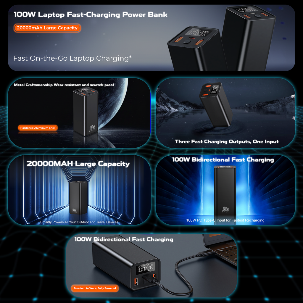 (New Launch) Ultima 20K Ultra Max | 100W Power Delivery | 20000 mAh | Fast Charging | Full Metal Body | Multi Layers Fire Protection | LED Display | Triple Ports | Supports PD, QC3.0, Universal Compatibility | 2 Way Charging | ChargeSafe Technology Power