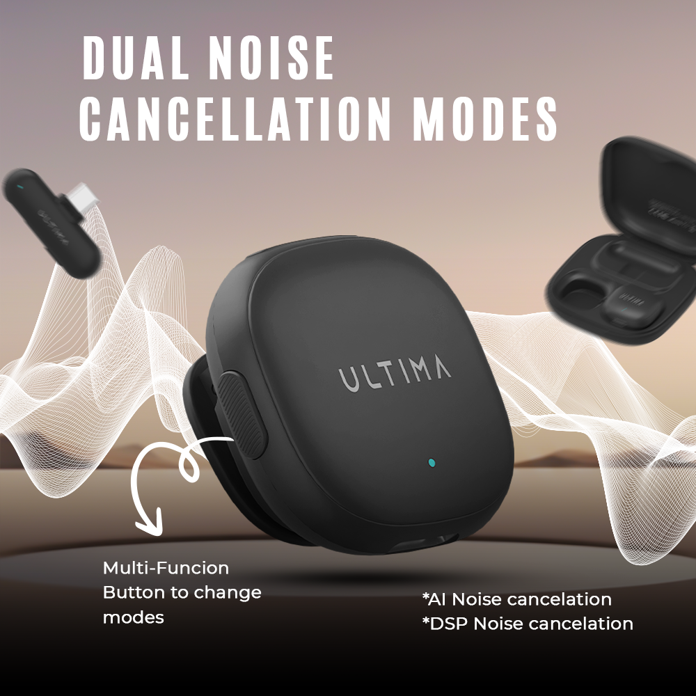 (New Launch) Ultima Clear Mic with AI Noise Cancellation | 3 Recording Modes| 50 Meter Barrier Free Recording | Type C or Lightning Receiver | 360° Omnidirectional Recording | 7 Hrs Transmitter Usage Time | Multi Function Button To Change Modes Image