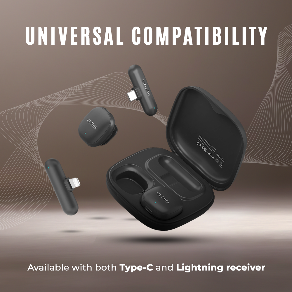 (New Launch) Ultima Clear Mic with AI Noise Cancellation | 3 Recording Modes| 50 Meter Barrier Free Recording | Type C or Lightning Receiver | 360° Omnidirectional Recording | 7 Hrs Transmitter Usage Time | Multi Function Button To Change Modes Image