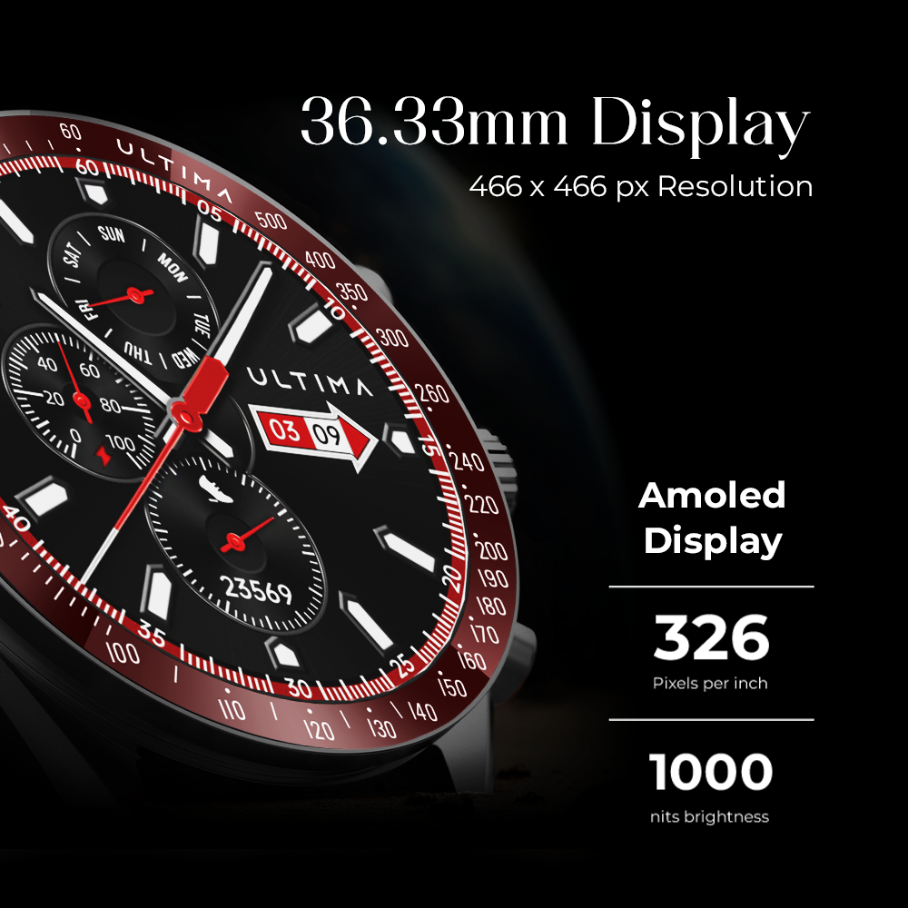 Ultima Magnum E700 Smartwatch | Auto Health Track | 36.33mm TRU Amoled Display | 1000 NITs Brightness | IP68 Water and Dust Resistant | Ultima Fit App Support | 100+ Sports Mode | SOS Alert Image