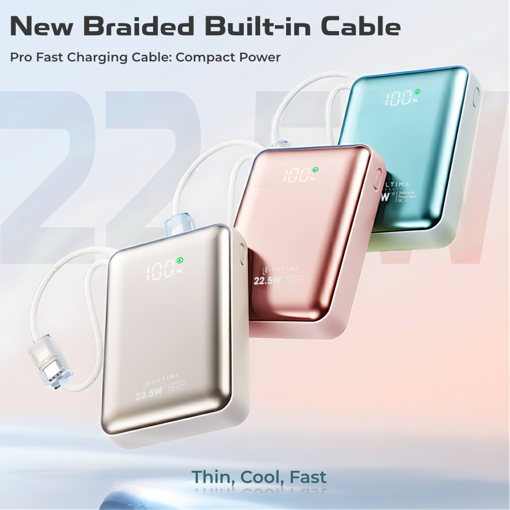 (New Launch) Ultima 20K Mini | 22.5W | 20000 mA | Fast Charging | Inbuild Braided Type-C and Lighting Cable  | Multi Layers Fire Protection | LED Display | Supports PD, QC3.0, Universal Compatibility | 2 Way Charging | ChargeSafe Technology Power