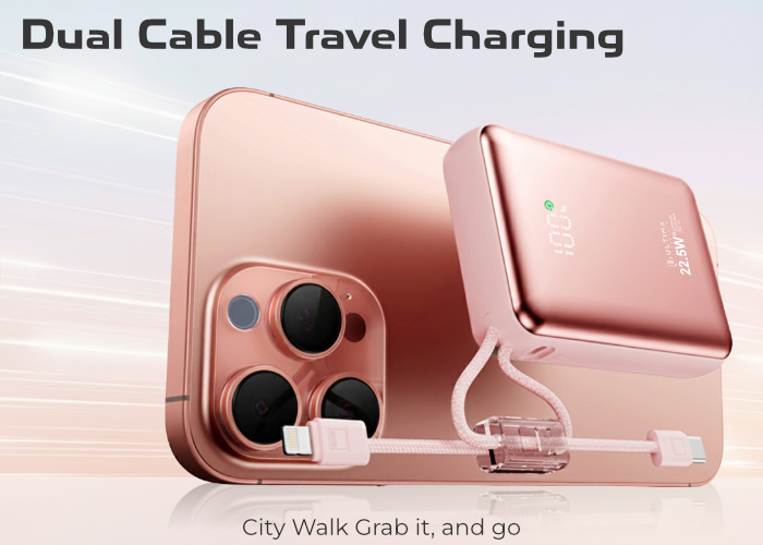 (New Launch) Ultima 20K Mini | 22.5W | 20000 mA | Fast Charging | Inbuild Braided Type-C and Lighting Cable  | Multi Layers Fire Protection | LED Display | Supports PD, QC3.0, Universal Compatibility | 2 Way Charging | ChargeSafe Technology Power Image