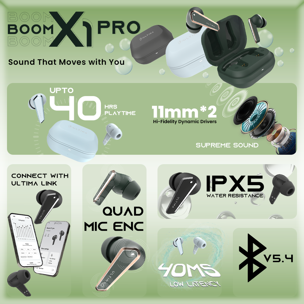 Ultima Boom X1 Pro | App Support | 40 Hrs Playtime | Quad Mic ENC | 10 Min Charge=120 Min Playtime | 50 Ms Low Latency Game Mode | 11mm Hi-Fi Drivers | Bluetooth 5.4 | IPX5 Water Resistance Image