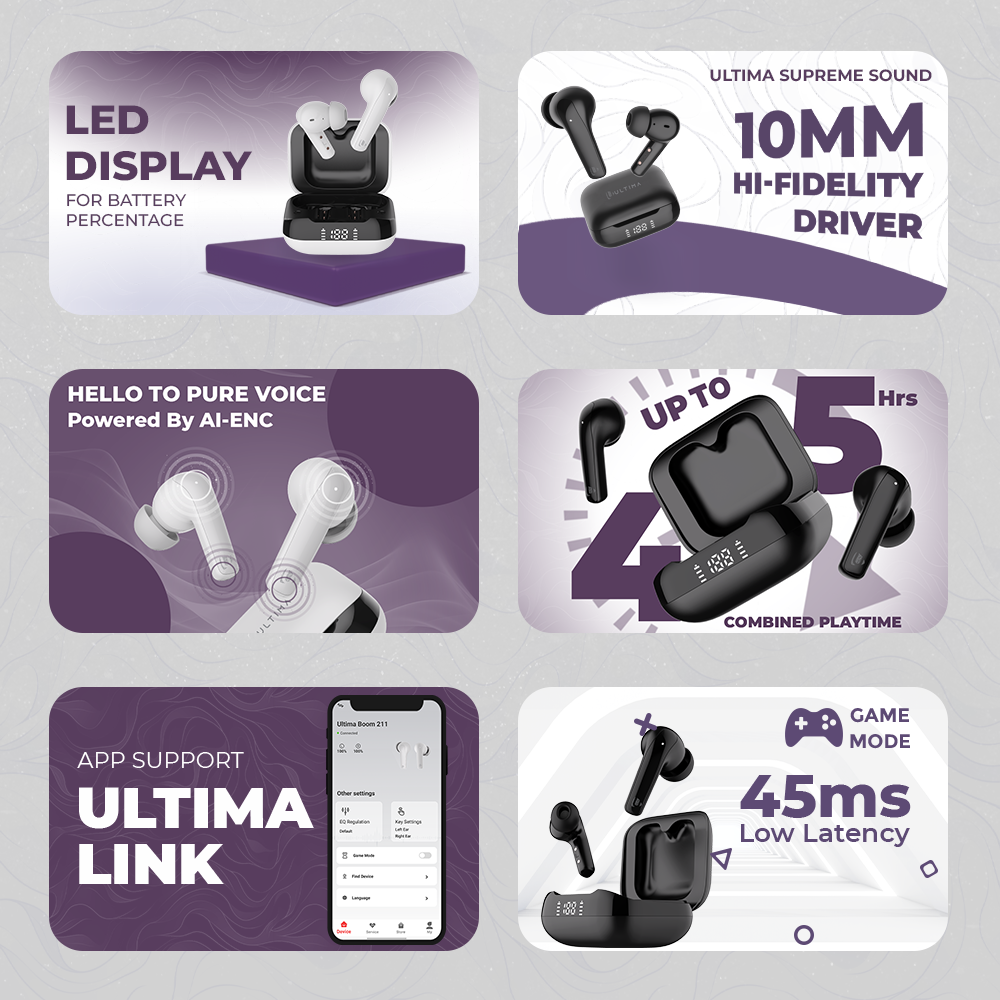 Ultima Boom 211 Earbuds with App Support | Supreme Sound | AI-ENC | LED Indicator | 45Hrs Playtime | 45ms Low Latency | Hi-Fi Driver with Bluetoth V5.4 earbuds wireless Image