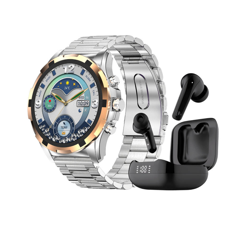 Ultima Luxury Magnum E500 Smartwatch & Boom 211 Earbuds Combo: 1.43" AMOLED, Stainless Steel & Leather Straps, IP68 Rated Smart Watch with 2 EQ Modes | App Support | Supreme Sound | AI-ENC | LED Indicator | 45Hrs Playtime | 45ms Low Latency | Hi-Fi Driver Image