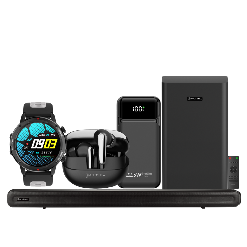 Ultima Lifestyle Combo: Wavebar 200W Soundbar + Active Smartwatch + Prime 1.0 Earbuds + Boost 20K Pro 20000mAh Powerbank Image