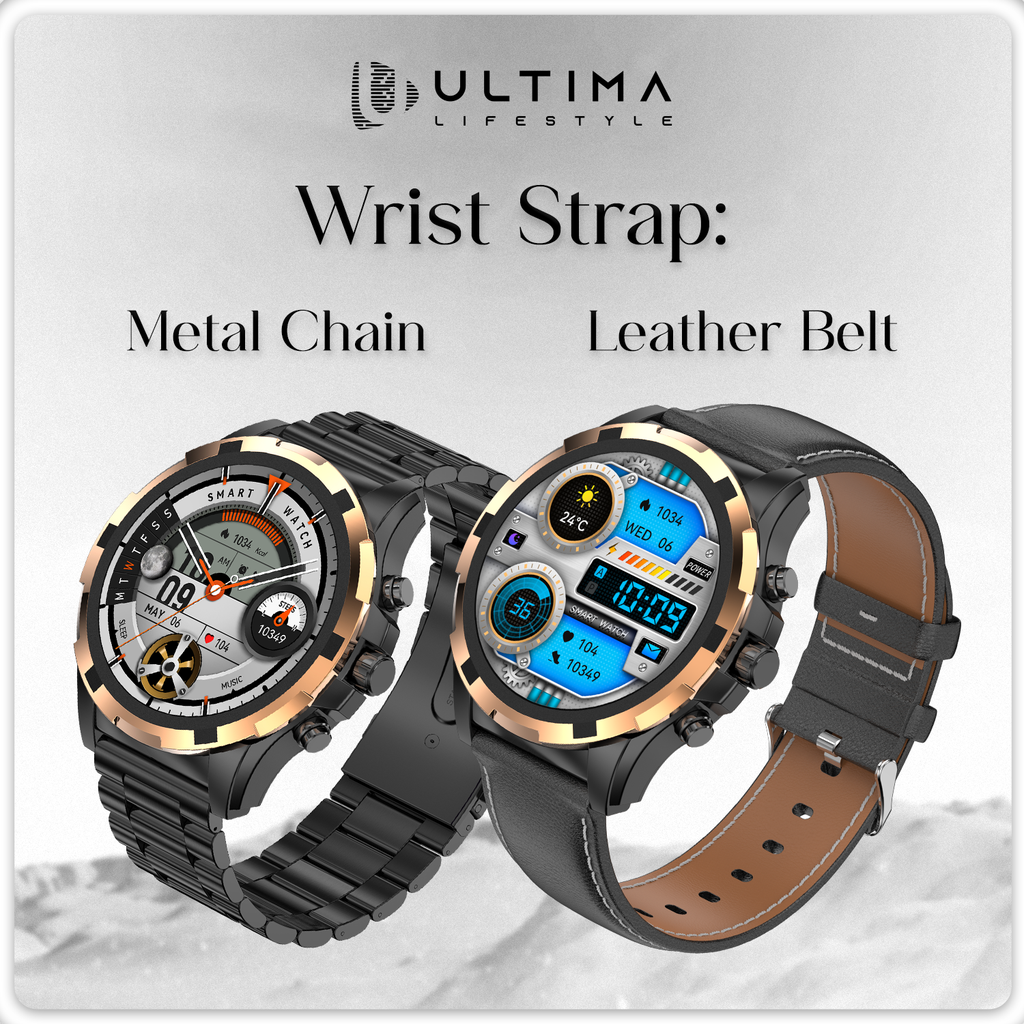 Ultima Magnum E500 Luxury Smartwatch: 1.43” TRU AMOLED Screen, Ultima Fit App, Stainless Steel & Free Leather Straps, Bluetooth Calling, Advanced Health Suite, 100+ Sports Modes, IP68 Rated Smart Watch Image
