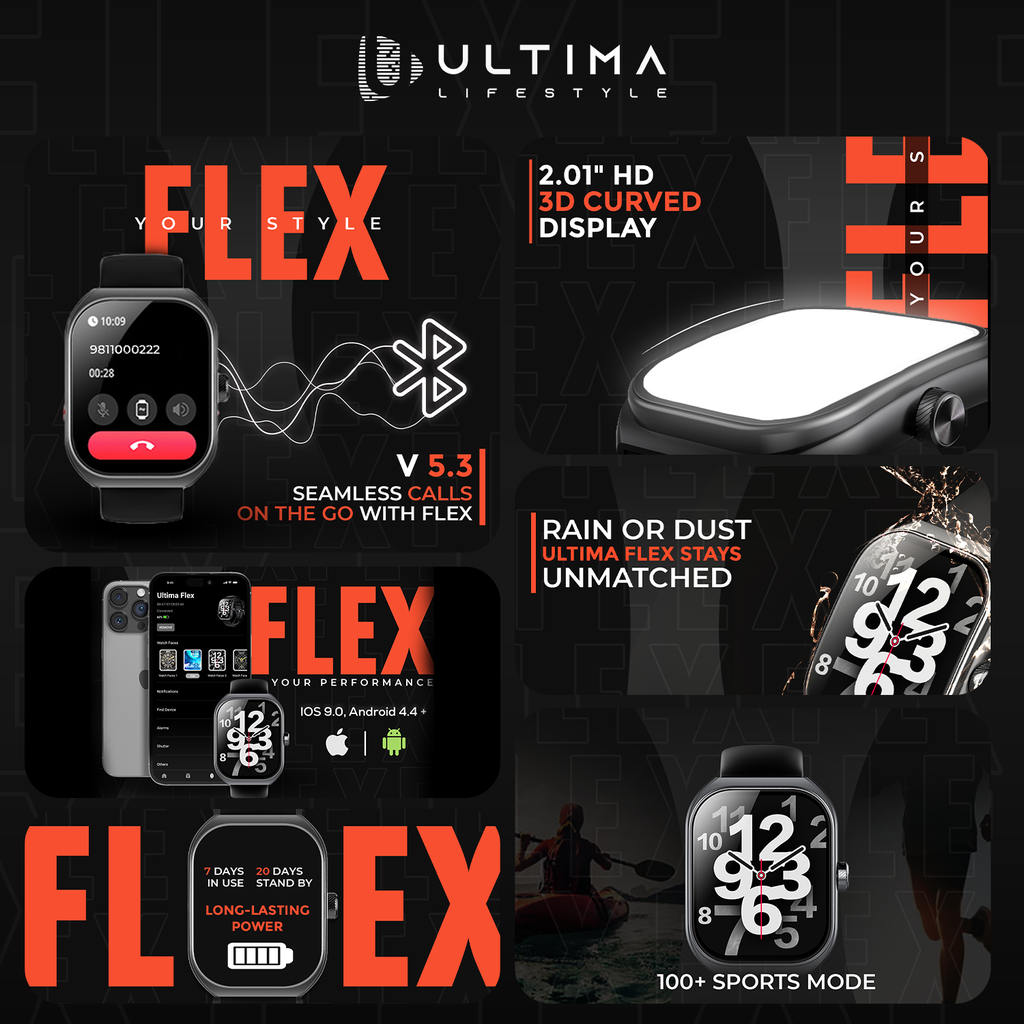 Ultima Watch Flex, 2.01-inch HD Display, Ultima Fit App, Advanced SingleSync Bluetooth Calling, 24/7 health tracking, 100+ sports modes, SOS, IP67 Waterproof smart watch Image