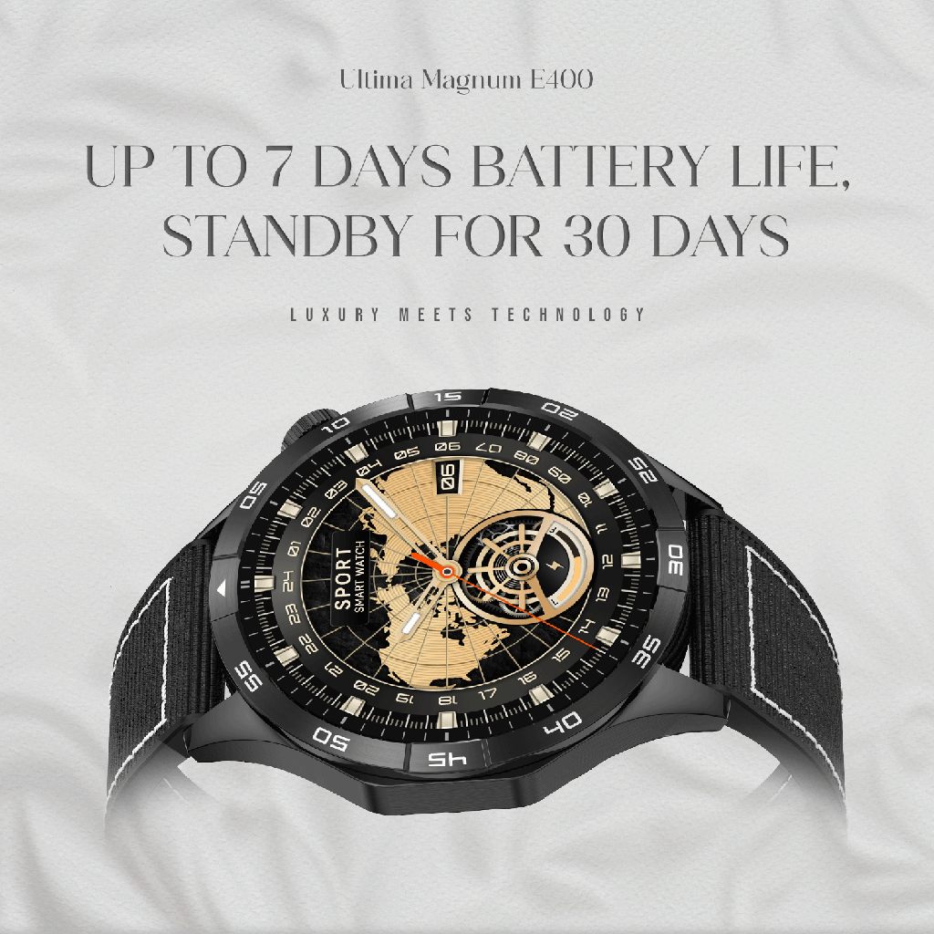 Ultima Magnum E400 Luxury Smartwatch with a 1.43” AMOLED Screen, Stainless Steel Frame, Canvas Wrist Strap & Free Leather Strap, Bluetooth Calling, Health Suite, 100+ Sports Modes, IP68 Rated Smart Watch Image