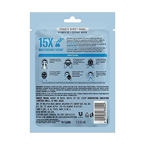 POND'S Hydrating Sheet Mask, With 100% Natural Coconut Water & Vitamin B3 For Dewy Radiant Skin, Paraben Free, Biodegradable Fabric, 25 ml Image
