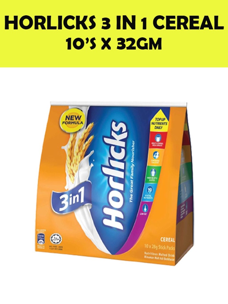 Horlicks 3in1 Cereal Drink 32 gm x 10 sachets Image