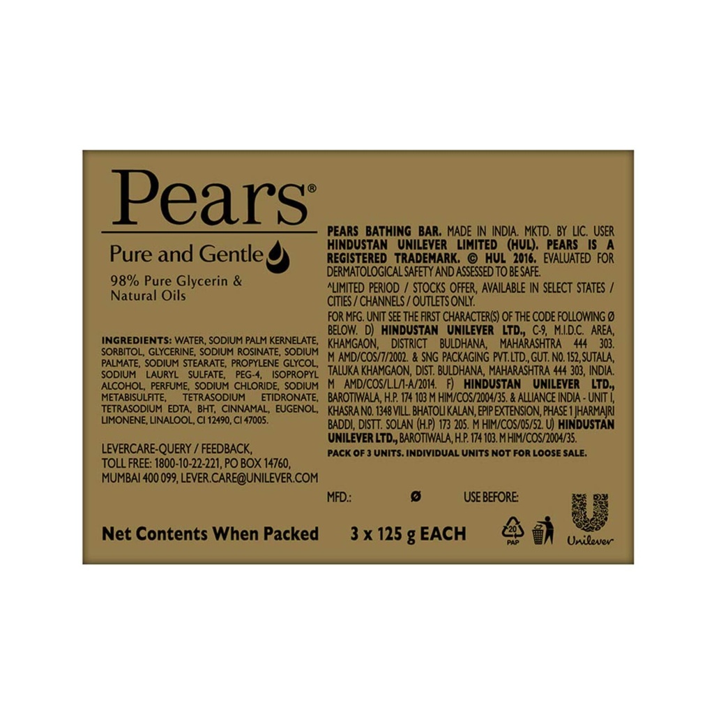 Pears Pure and Gentle Soap Bar, 125g (Pack of 3) Image