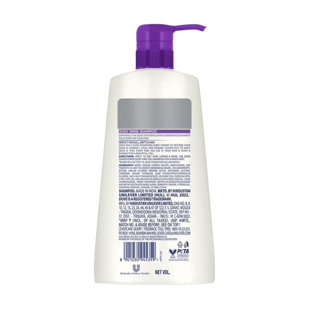 Dove Daily Shine Shampoo 625 ML, For Damaged Or Frizzy Hair, Makes Hair Soft, Shiny And Smooth - Mild Daily Shampoo For Men & Women Image