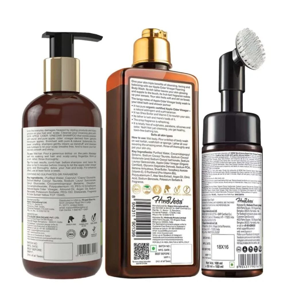 WOW Apple Cider Vinegar Hair & Skin Care Kit (Shampoo 300ml + Body Wash 250ml + Face Wash with built in brush 150ml) Image