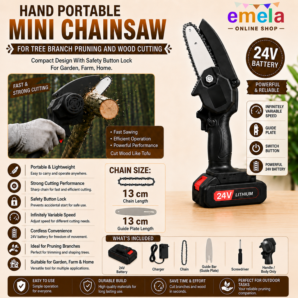 Hand Portable Mini Chainsaw For Tree Branch Pruning And Wood Cutting Compact Design With Safety Button Lock For Garden, Farm Image