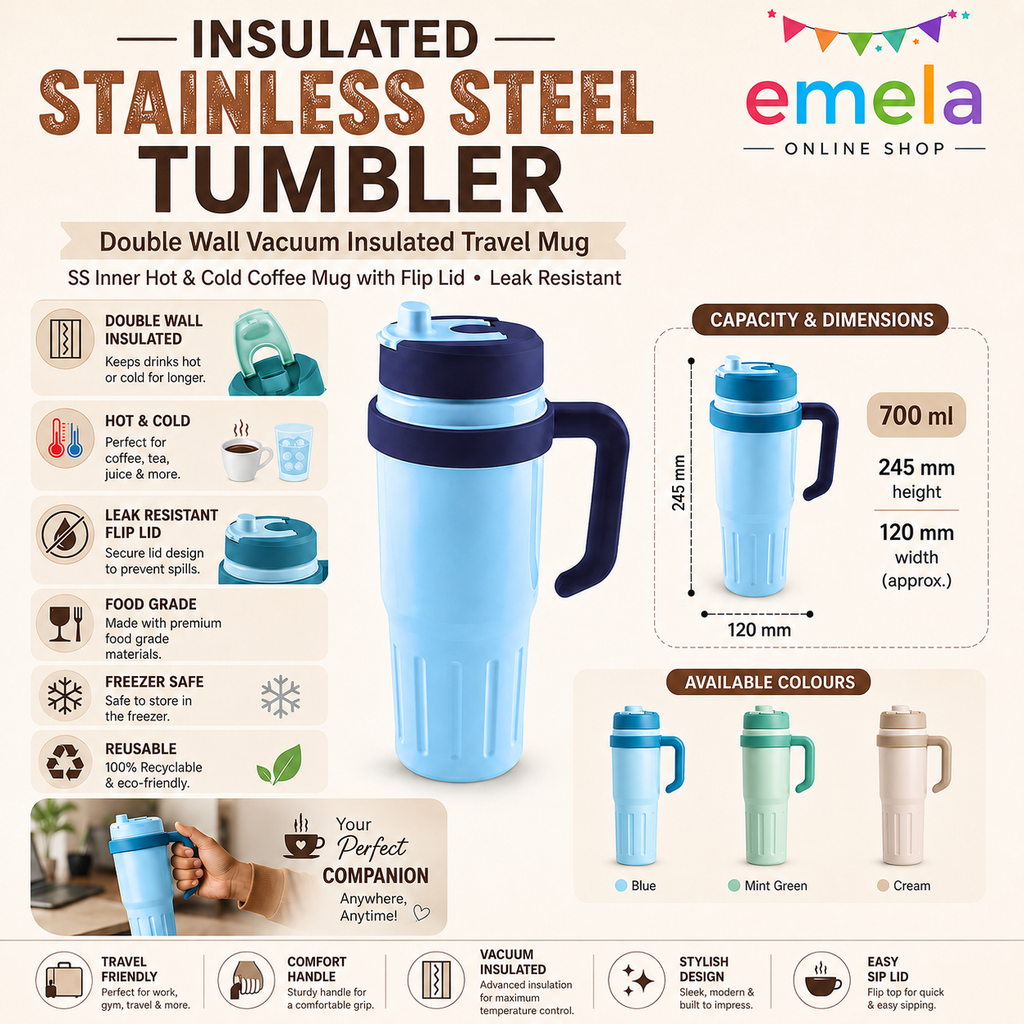 Insulated Stainless Steel Tumbler with Handle | Double Wall Vacuum Insulated Travel Mug | SS Inner Hot & Cold Coffee Mug with Flip Lid | Leak Resistant 700ml Image