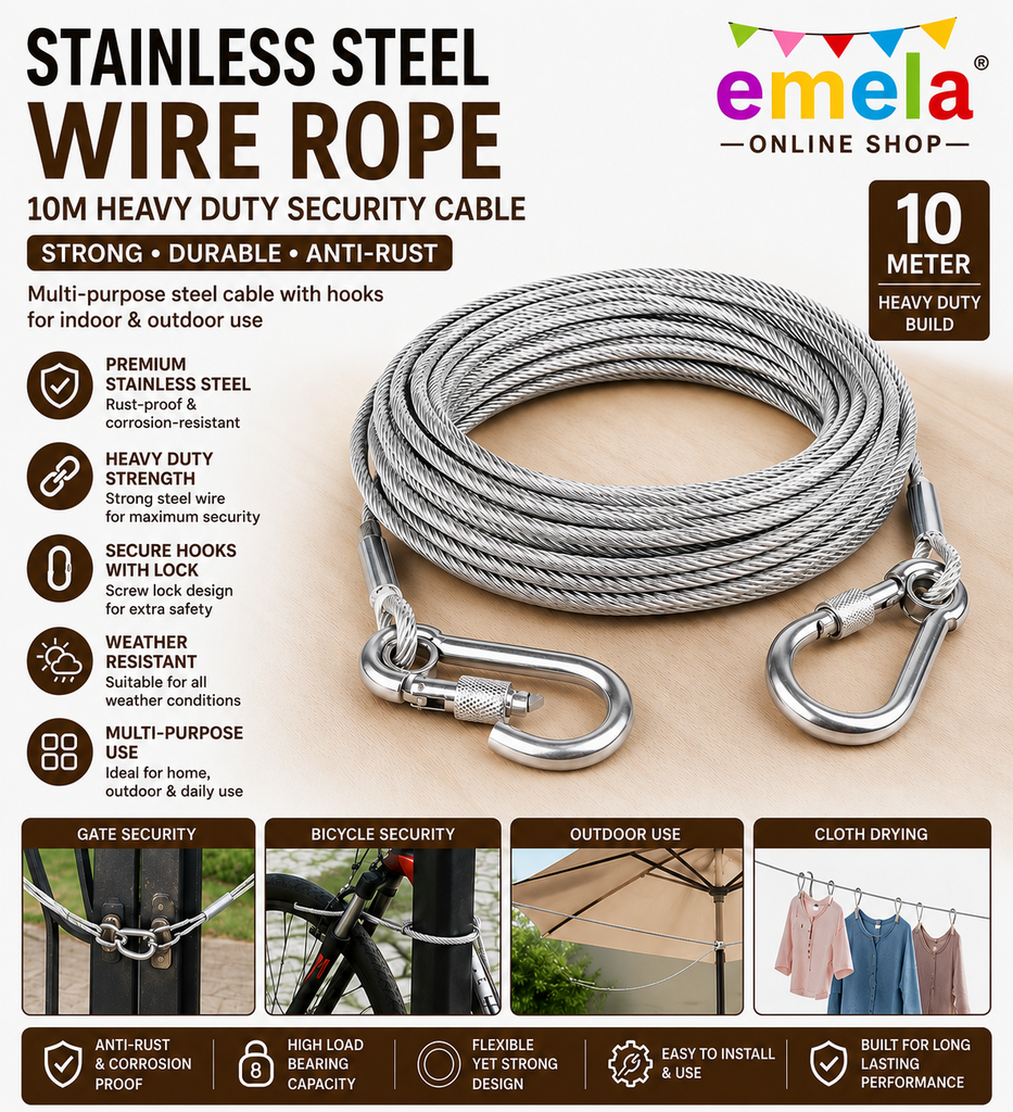 Stainless Steel Wire Rope 5m Heavy Duty Security Cable with Hooks – Strong Anti-Rust Steel Rope for Gate, Bike, Outdoor Use & Cloth Drying Image
