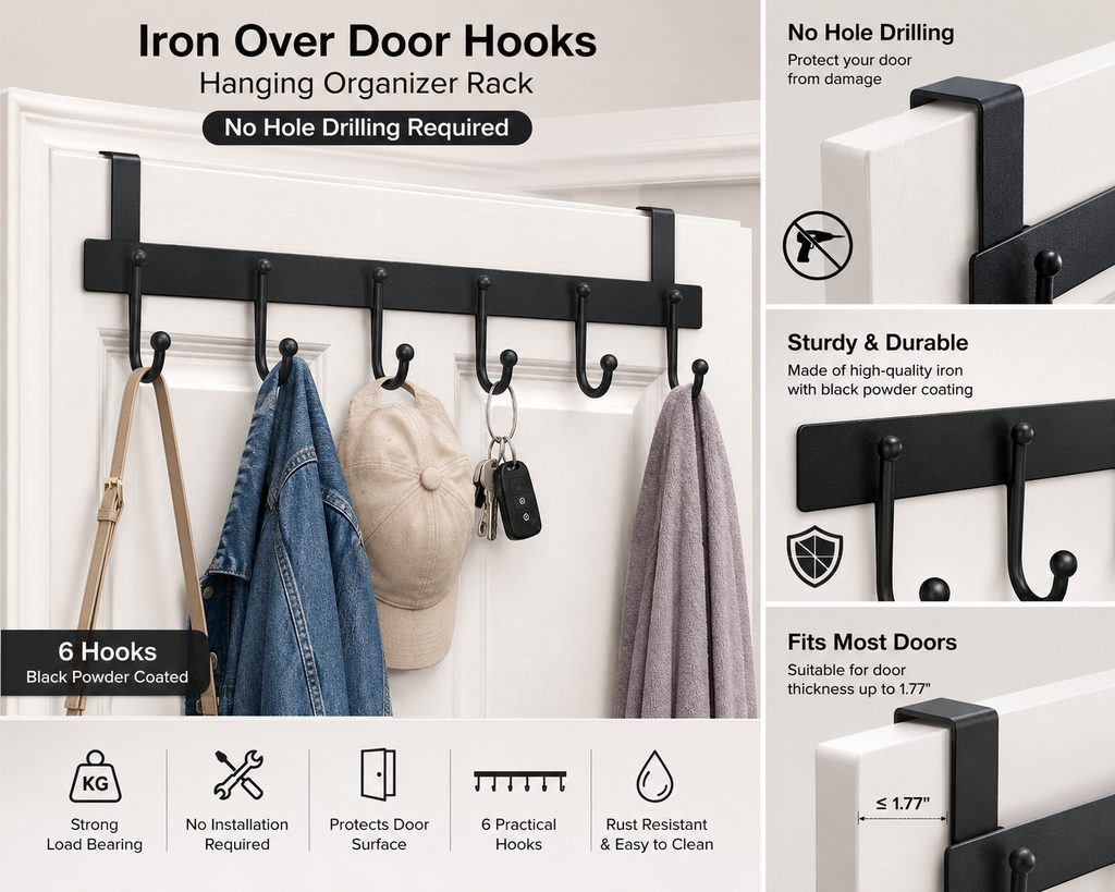 Iron Over Door Hooks,Hanging Organizer Rack with No Hole Drilling Required  (Black Powder Coated 6 Hooks) Image
