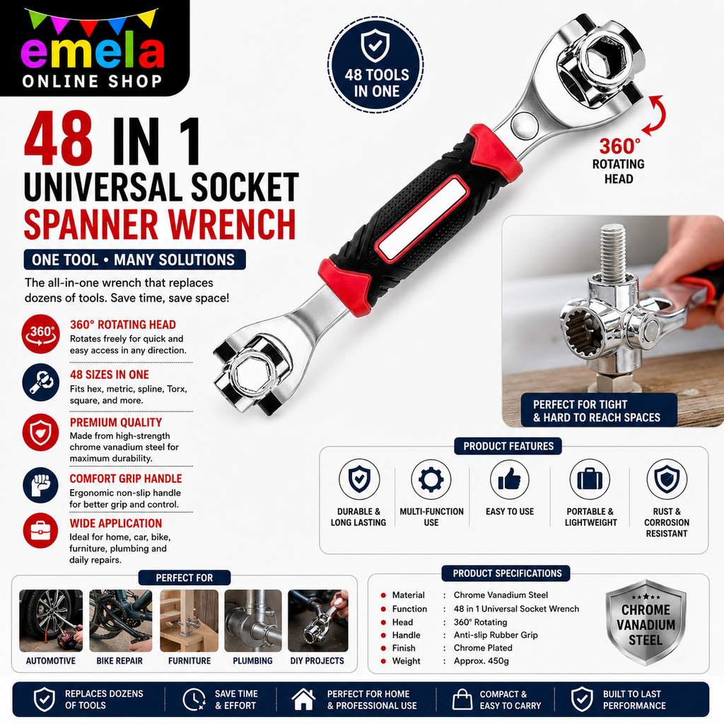 48 in 1 Universal Socket Spanner Wrench | 360° Rotating Head Multifunction Spanner Tool with Chrome Vanadium Steel | Professional Grade Dog Bone Wrench for Home, Car, Bike Repair & Maintenance Image