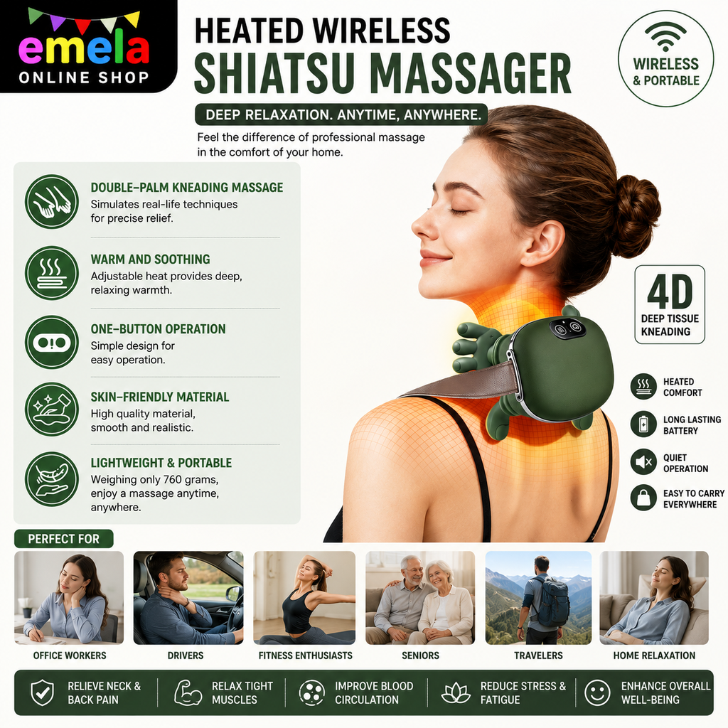 Heated Wireless Shiatsu Massager – Portable Neck & Back Massager with 4D Deep Tissue Kneading | Electric Pain Relief & Muscle Relaxation Machine Image