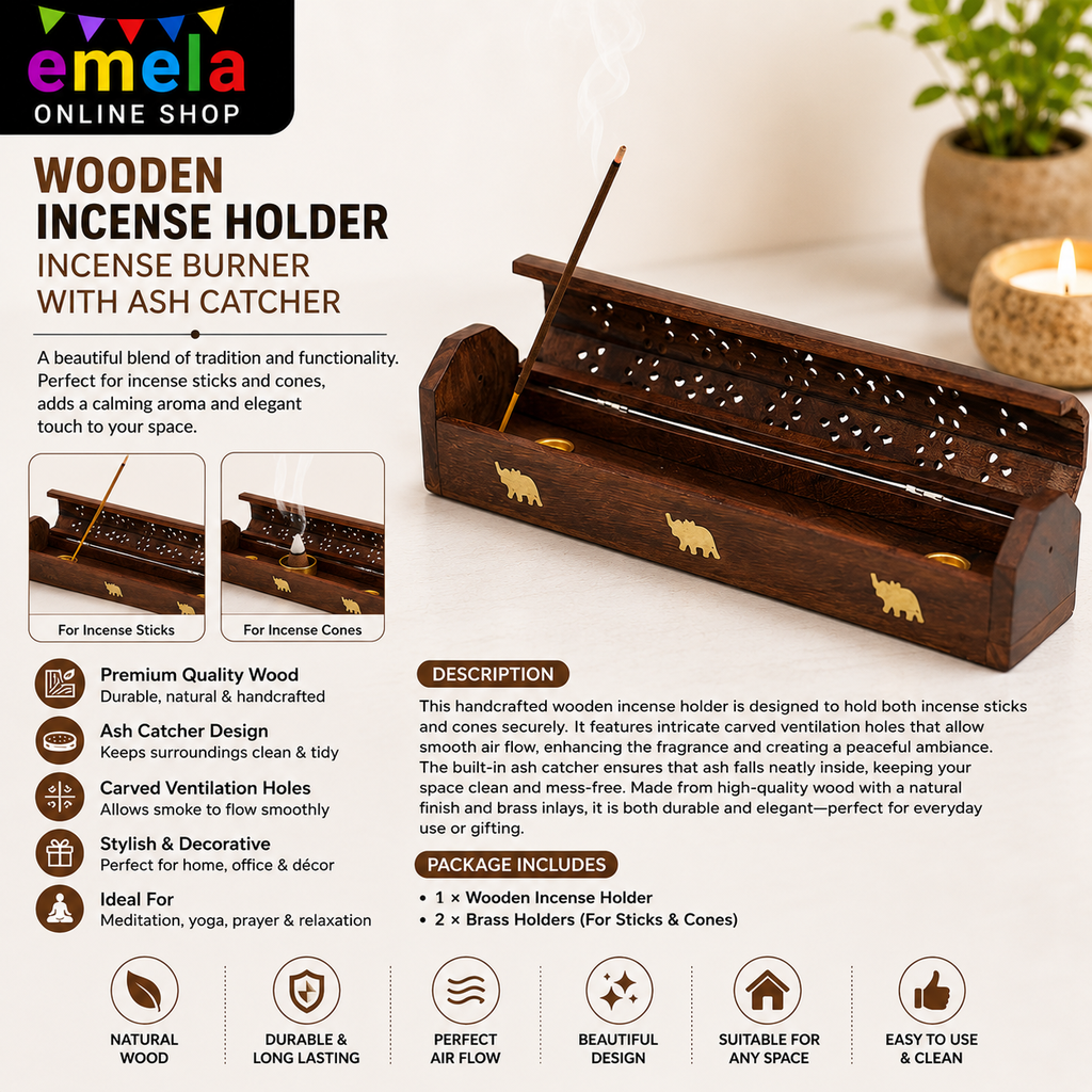 Wooden Incense Holder Incense Burner Holder Incense Stick & Cone Burner Holder Wooden Agarbatti Stand with Ash Catcher & Dhoop Batti Stand Image