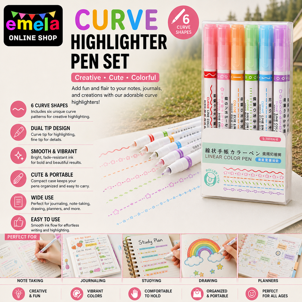 Curve Highlighter Pen Set, 6 Different Curve Shapes Dual Tip Pens, Cute Pattern Colorful Curve Highlighter Pen Writing Markers, for Writing, Drawing Image