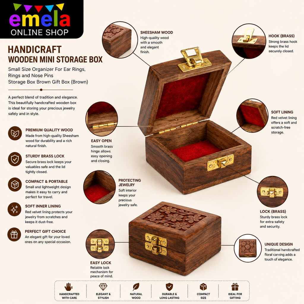 Handicraft Wooden Mini Storage Box Small Size Organizer For Ear Rings, Rings and Nose Pins Storage Box Brown Gift Box (Brown) Image