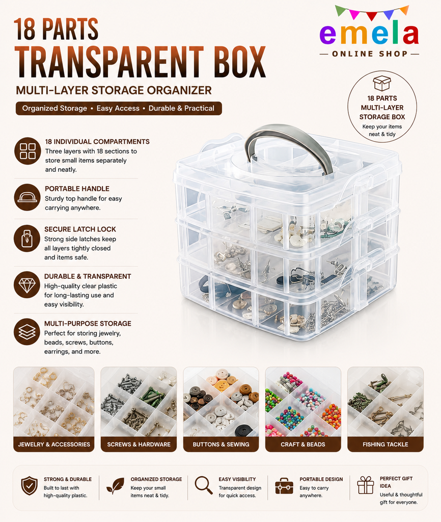 Grid Storage Containers Box | Plastic Multipurpose Box with Adjustable Dividers | for Medicine Pills, Jewelry, Pins, Screws, Cosmetics, Stationery Items – Transparent (Pack of 1) Image