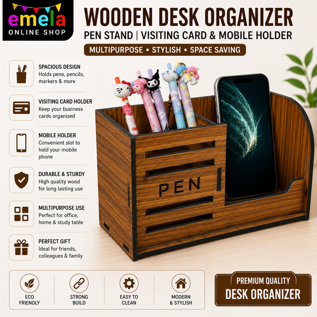 Pen Stand with WATCH/CLOCK Visiting Card & Mobile Holder Multipurpose Wooden Desk Organizer Pen and Pencil Stand for Office Table with Business Card Holder Box and Mobile Stand LINE Image