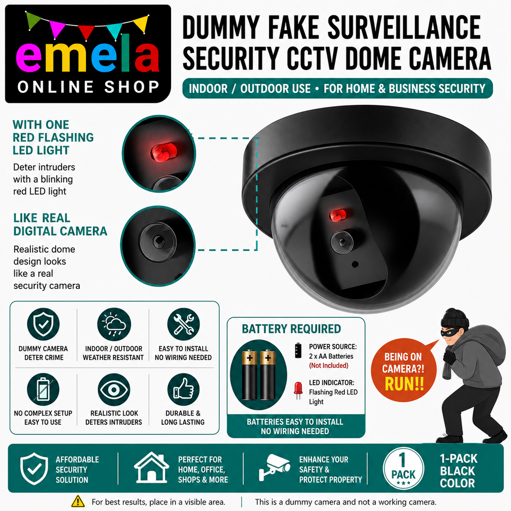 1-Pack Dummy Fake Surveillance Security CCTV Dome Camera Indoor/Outdoor with One Flashing Red LED Light for Home and Businesses Security (Black) Image