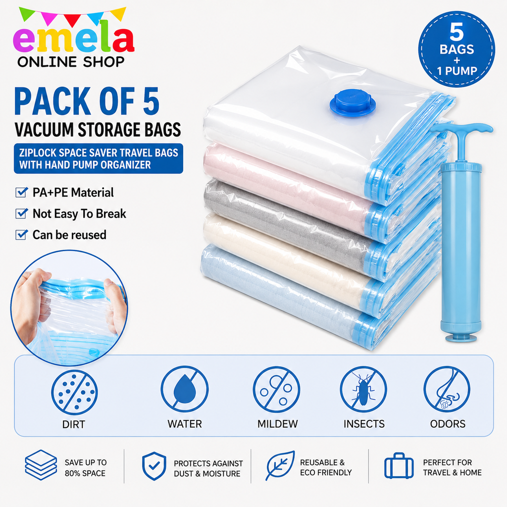 Space Saver Reusable Vacuum Storage Ziplock Compression Sealer Bags  with free Pump Pack Of 5 (2 Small+2 Medium+1 Large,Plastic)Transparent Image