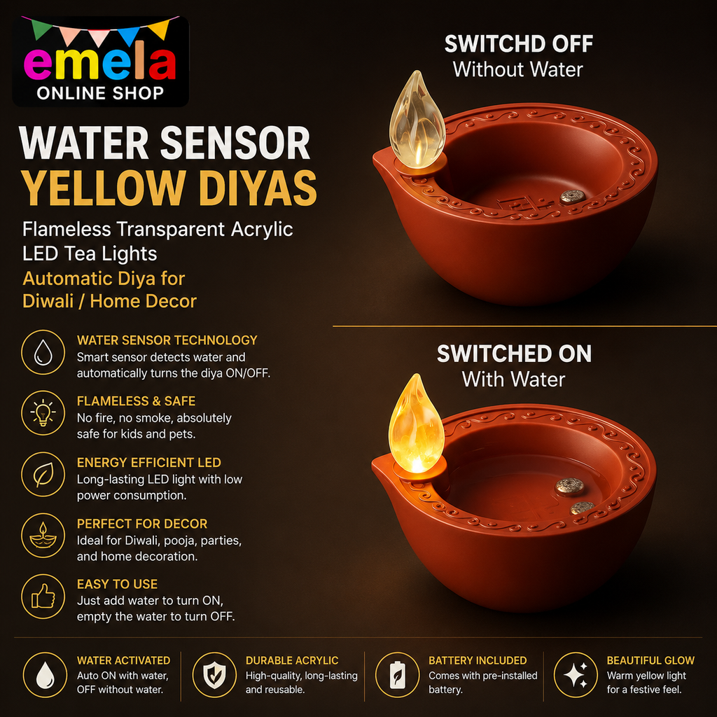 Water Sensor Yellow Diyas | Flameless Transparent Acrylic LED Tea Lights | Automatic Diya for Diwali/Home Decor Image