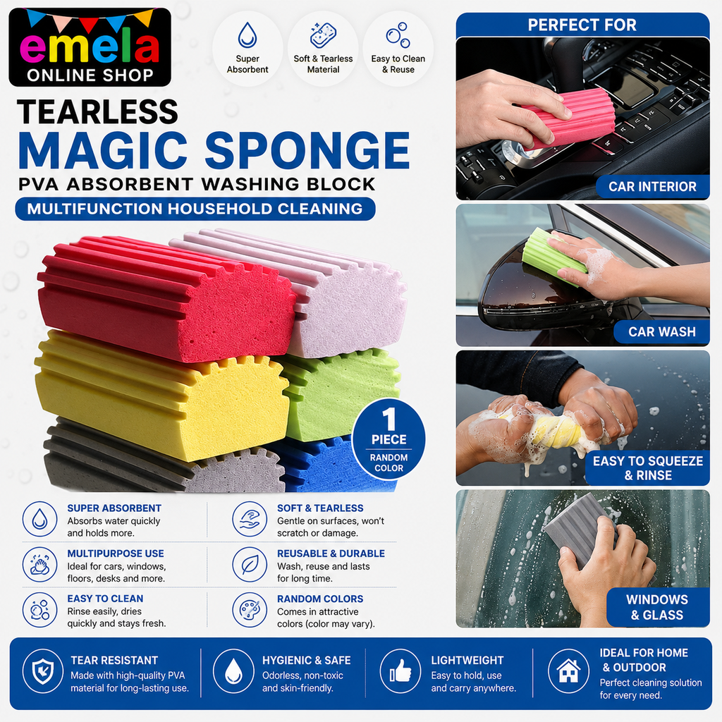 Tearless Super Magic Sponge PVA Absorbent Washing Block for Cars, Windows, Floors, Desks Multifunction Household Cleaning (Random Colors) - Pack of 1, Polyvinyl Alcohol Image