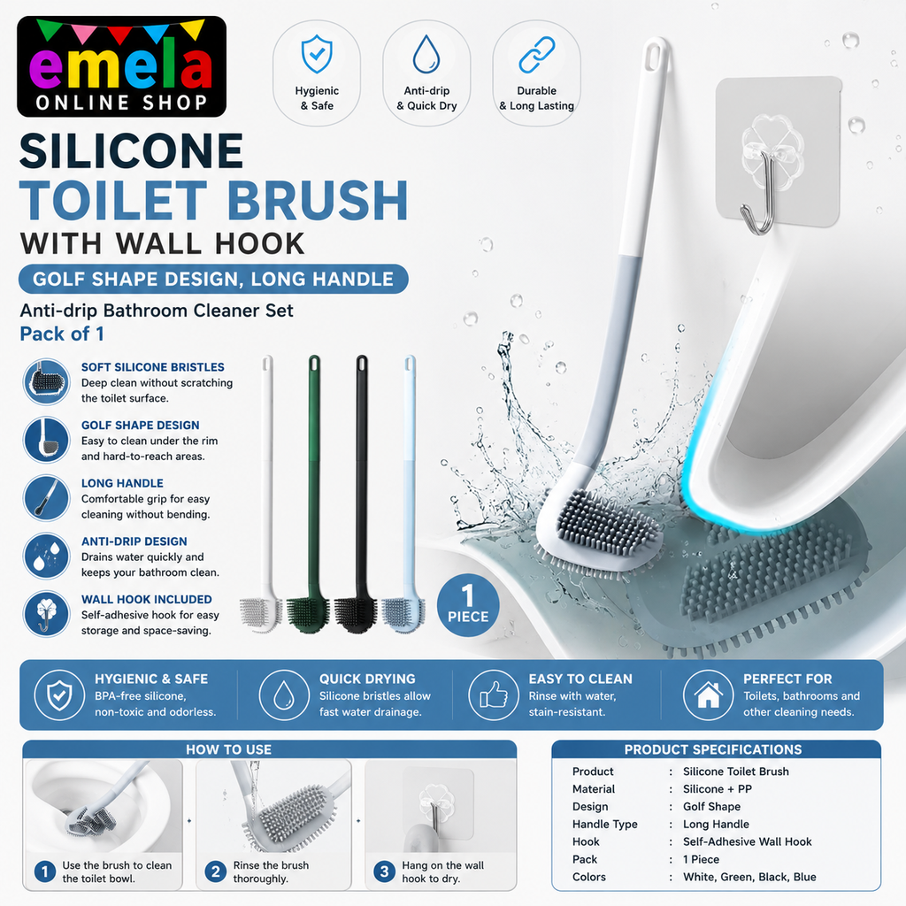 Silicone Toilet Brush with Wall Hook, Golf Shape Design, Long Handle, Anti-drip Bathroom Cleaner Set Pack of 1 Image