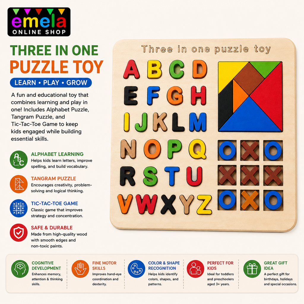Wooden Educational Puzzle Board, Tangram, Building Blocks and Tic-Tac-Toe Game Set, Mathematics Puzzle, Multicolour Image