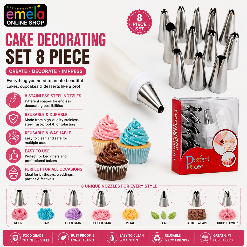 Cakeware 8 Piece Cake Decorating Set Frosting Icing Piping Bag Tips With Steel Nozzles. Reusable & Washable. Image