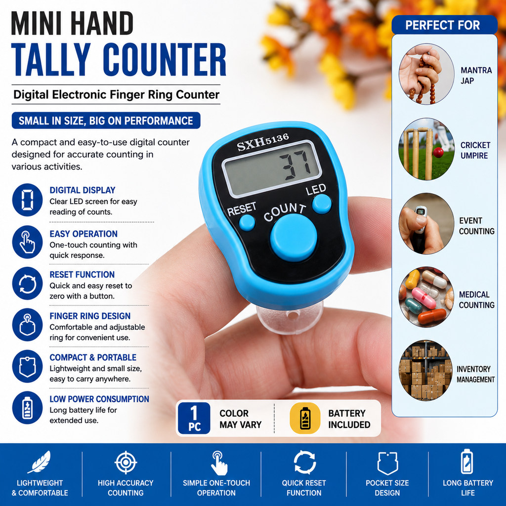 Mini Hand Tally Counter Finger Ring Digital Electronic Head Count,Japa Counter Counting Machine For Mantra Jap And Cricket Umpire And Various Counting Purpose Small (Color May Vary) Image