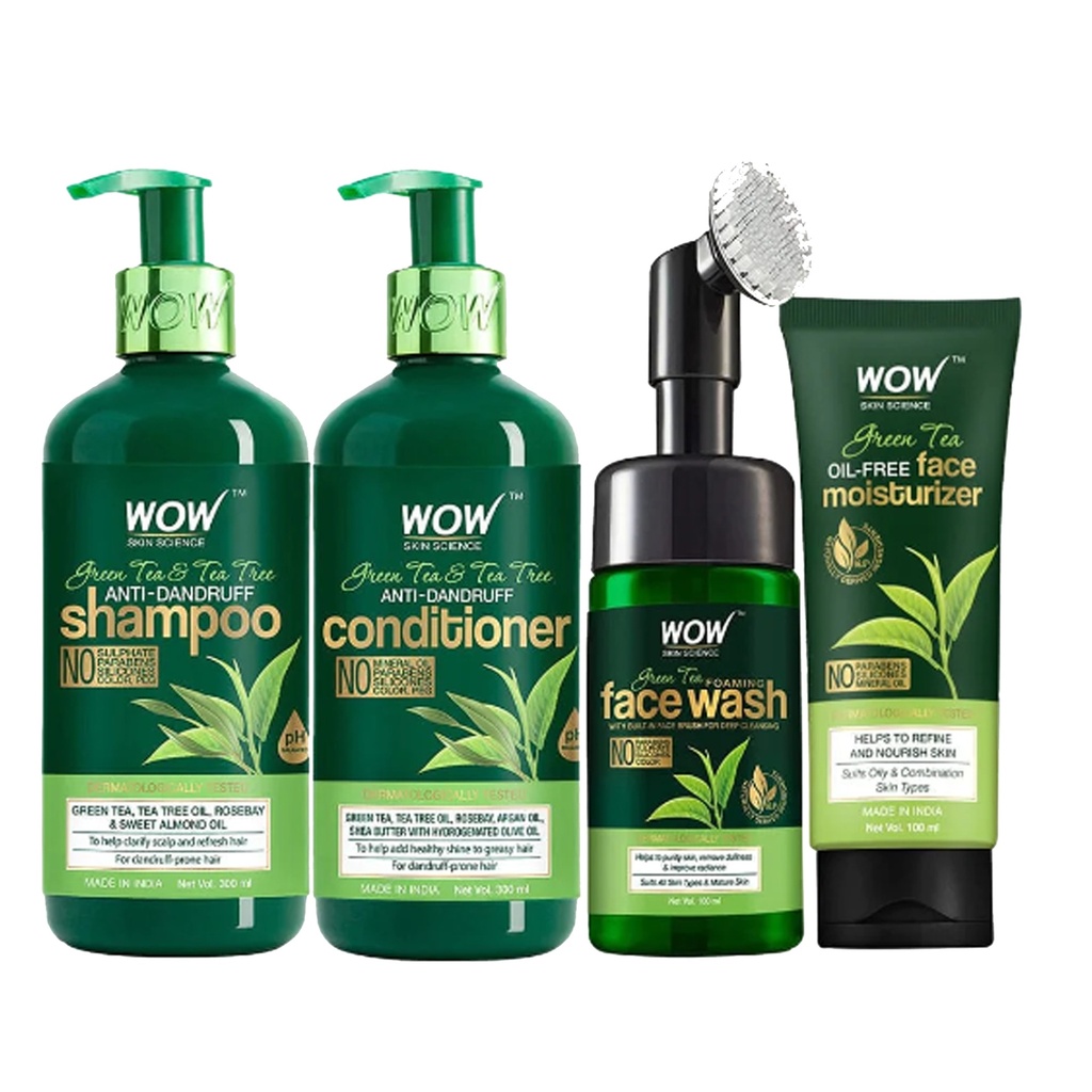 [122345170-1671184792126-0] WOW Skin Science Ultimate Green Tea & Tea Tree Care Combo (Shampoo + Conditioner + Face wash with brush + Moisturizer)