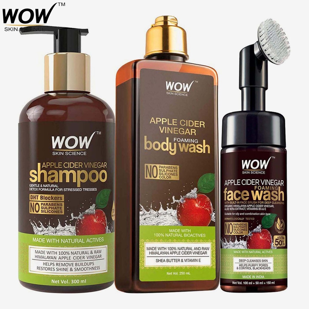 [111523416-1643614117514-0] WOW Apple Cider Vinegar Hair & Skin Care Kit (Shampoo 300ml + Body Wash 250ml + Face Wash with built in brush 150ml)