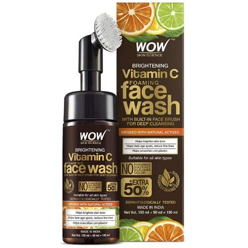[PSHB026] WOW Skin Science Brightening Vitamin C Foaming Face Wash with Built-In Face Brush for Deep Cleansing - No Parabens, Sulphate, Silicones & Color, (150 ml)