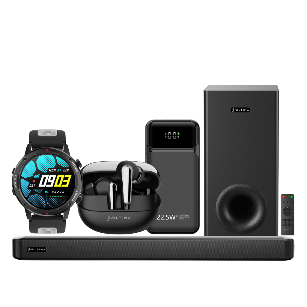 [Soundbar120+Active+Prime1.0+Boost 20K Pro] Ultima Lifestyle Combo: Wavebar 120W Soundbar + Active Smartwtach + Prime 1.0 Earbuds + Boost 20K Pro 20000mAh Powerbank
