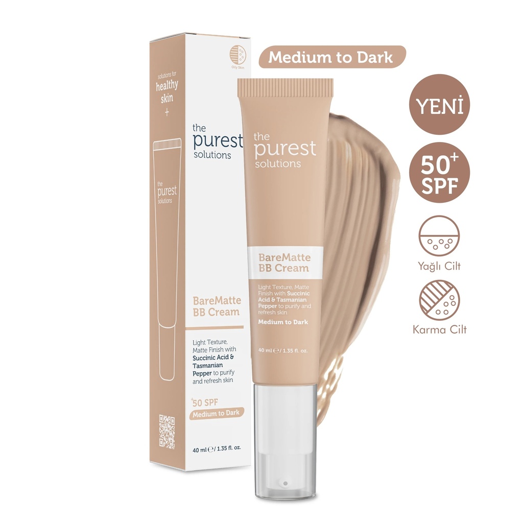 [Tps-BareBB-MTD-40ml] The Purest Solutions Mattifying BB Cream for Oily and Combination Skin, SPF 50+, 40 ml | Available in Lght/Medium and Medium/Dark  Tone