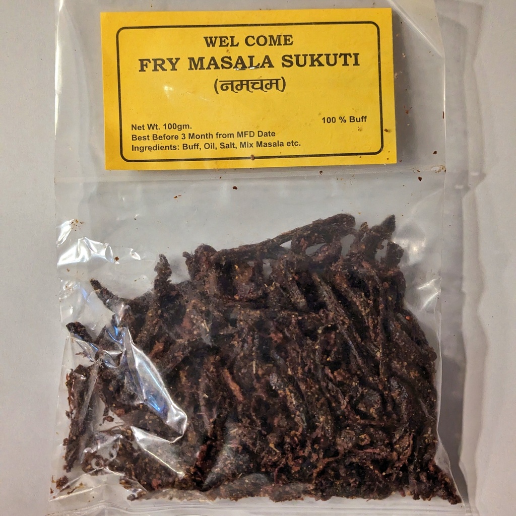 [GRO-Can&Dry-Namcham100g] Fry Masala Namcham Sukuti Buff Dry Meat 100gm - Spicy Sukuti | Used in Achar