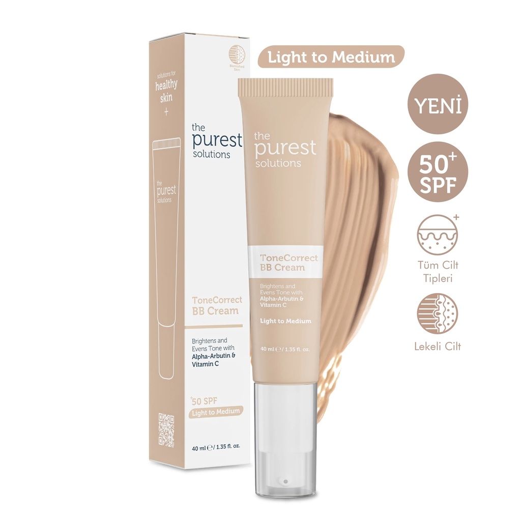 [Tps-ToneBB-LTM-40ml] The Purest Solutions ToneCorrect BB Cream for Blemished Skin SPF 50+ 40 ml with Alpha Arbutin and Vitamin C | Available in Lght/Medium and Medium/Dark Tone