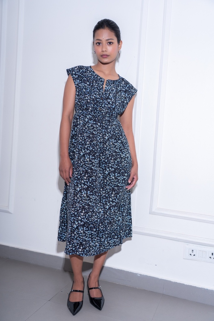 [1513451888-1772953049266-7] BASEMARK PRINTED CAP SLEEVE DRESS FOR WOMEN