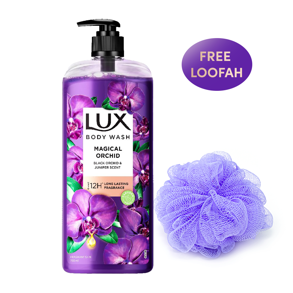 LUX Magical Orchid Body Wash with Black Orchid & Juniper Oil, 750 ml (Free Loofah)