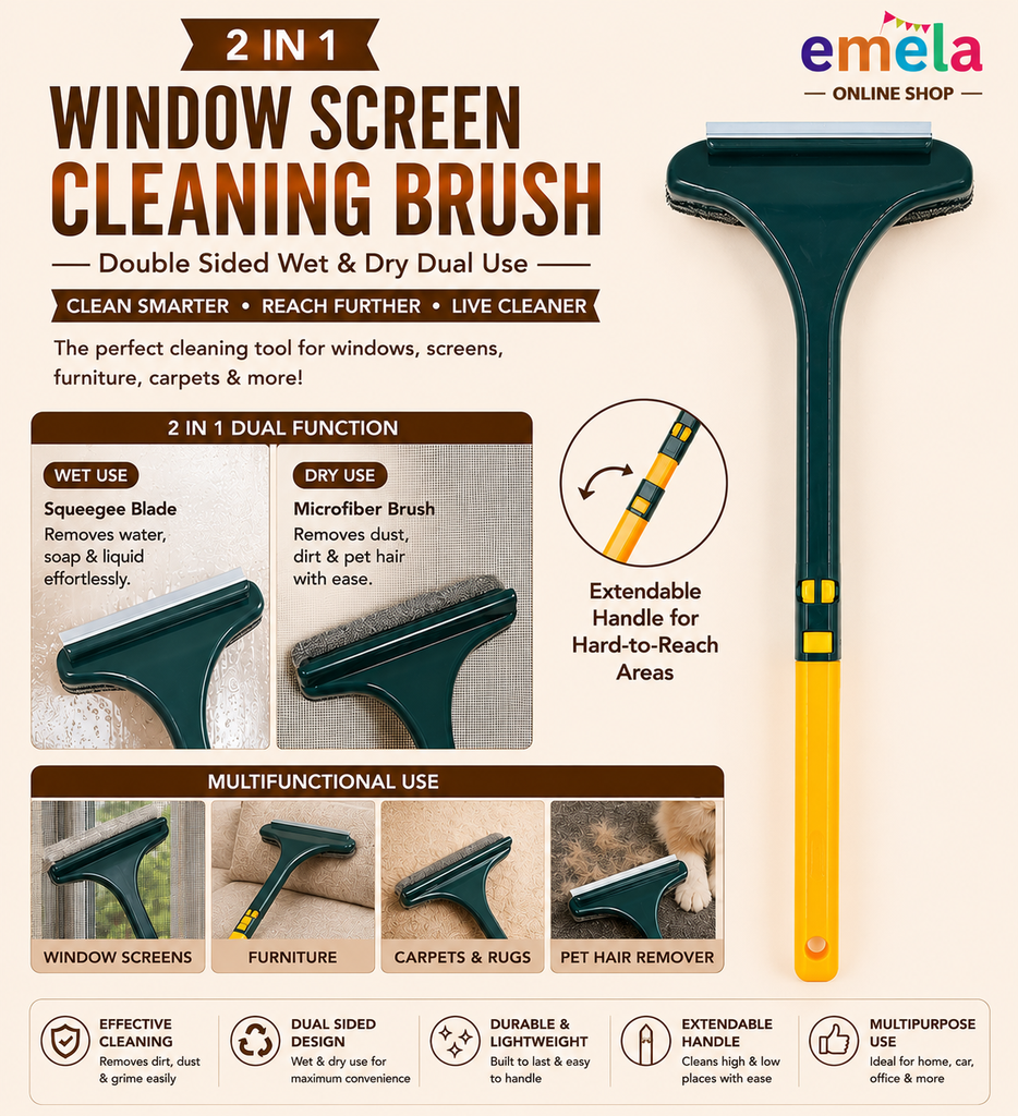 2 in 1 Window Screen Cleaning Brush, Double Sided Wet & Dry Dual Use,Extendable Handle Multifunctional Brush, Pet Hair Remover for Furniture&Carpet（Green Yellow）